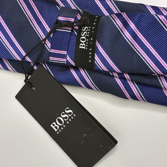 Hugo Boss Men’s Silk Tie Made in Italy Blue Pink Striped Necktie NWT - Picture 1 of 4